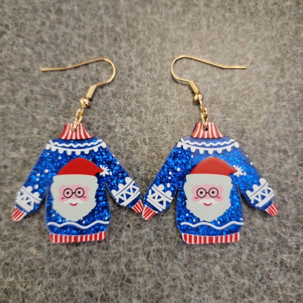 COPY - Adorable Blue Christmas Sweater Dangle Earrings with Santa Face